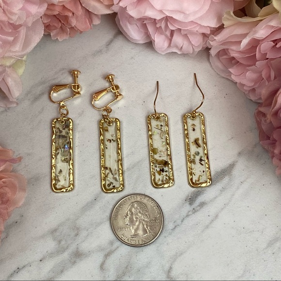 Boho Gilded Gold Rectangular Shell Dangle Earrings - Picture 15 of 16